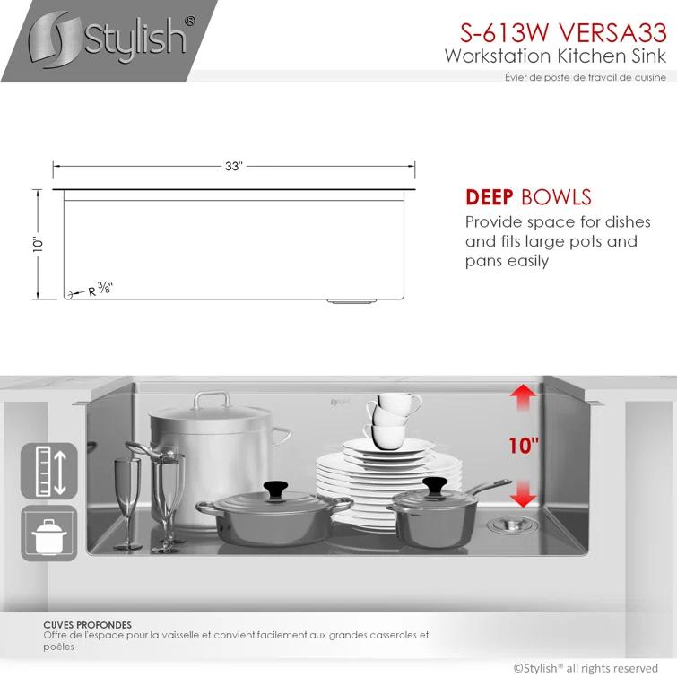 Versa STYLISH 33 inch Workstation Single Bowl Undermount 16G Kitchen Sink with Built in Accessories