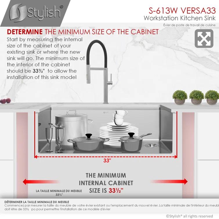 Versa STYLISH 33 inch Workstation Single Bowl Undermount 16G Kitchen Sink with Built in Accessories