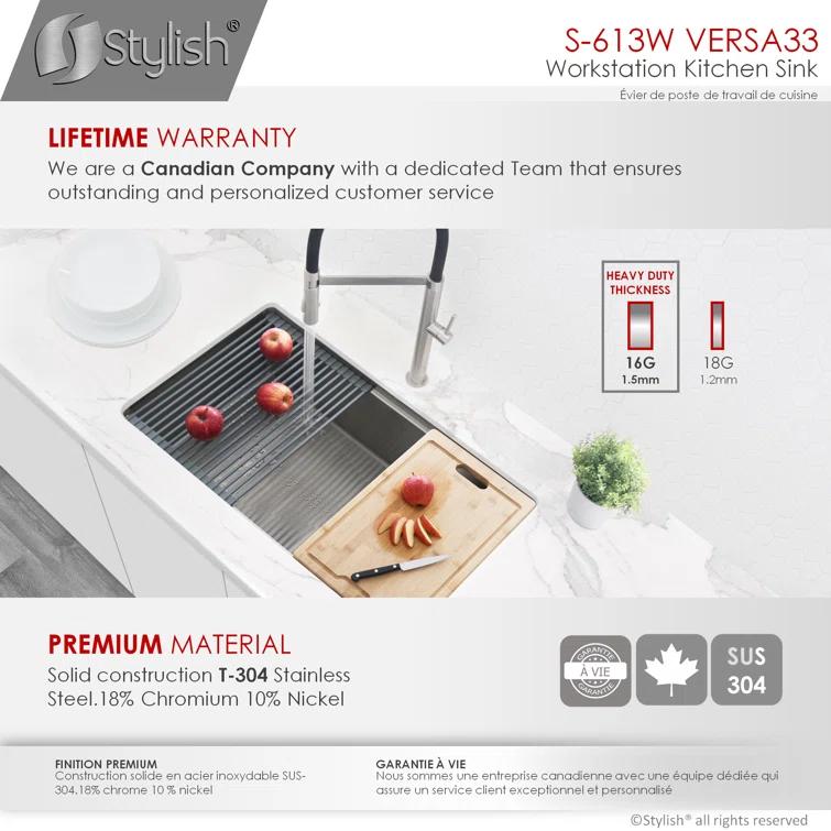 Versa STYLISH 33 inch Workstation Single Bowl Undermount 16G Kitchen Sink with Built in Accessories