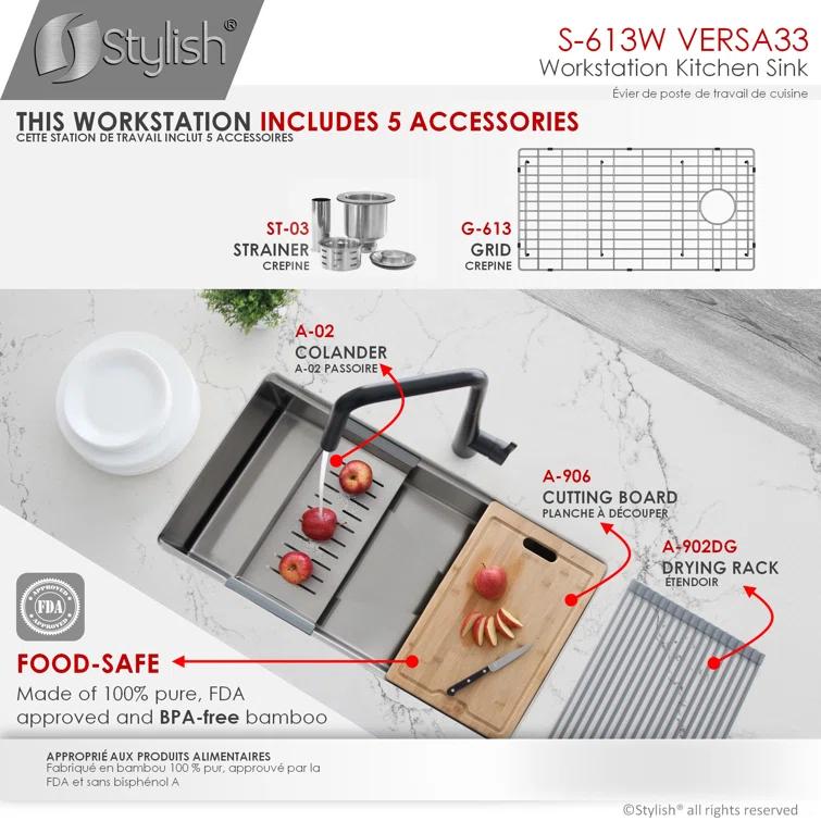 Versa STYLISH 33 inch Workstation Single Bowl Undermount 16G Kitchen Sink with Built in Accessories