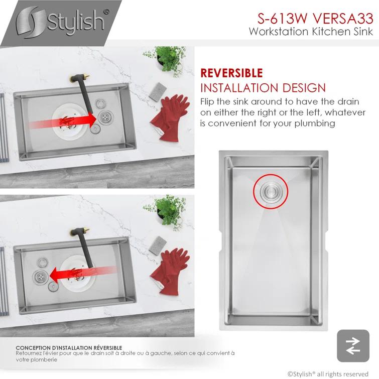 Versa STYLISH 33 inch Workstation Single Bowl Undermount 16G Kitchen Sink with Built in Accessories