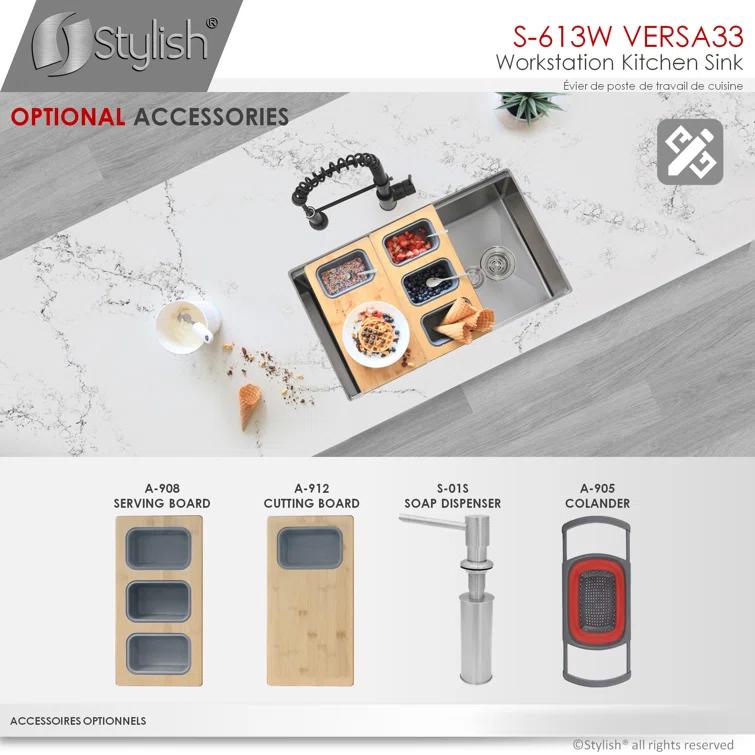 Versa STYLISH 33 inch Workstation Single Bowl Undermount 16G Kitchen Sink with Built in Accessories