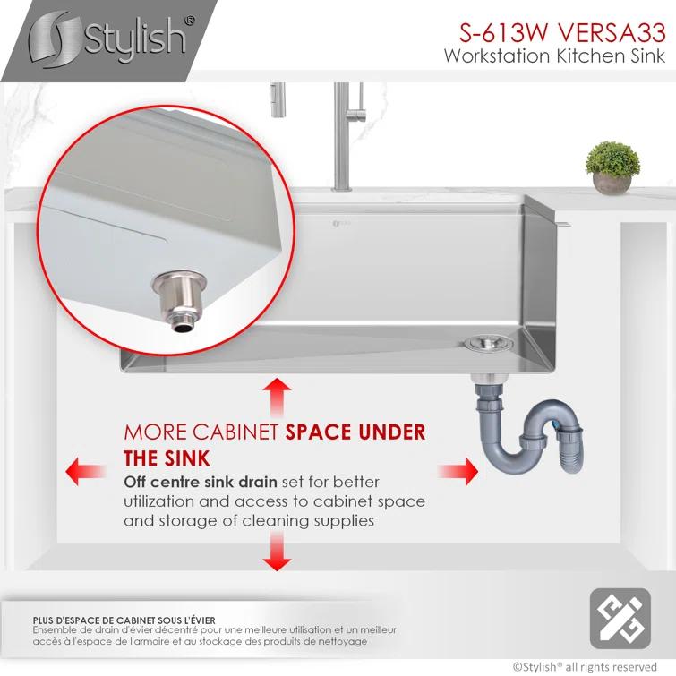 Versa STYLISH 33 inch Workstation Single Bowl Undermount 16G Kitchen Sink with Built in Accessories