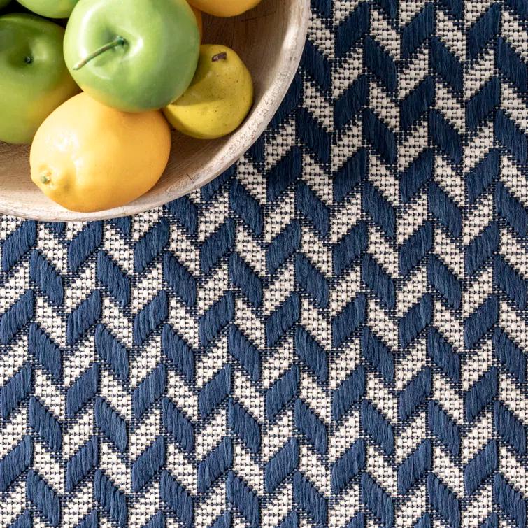 Jaylah Herringbone Chevron Navy Blue Indoor/Outdoor Area Rug