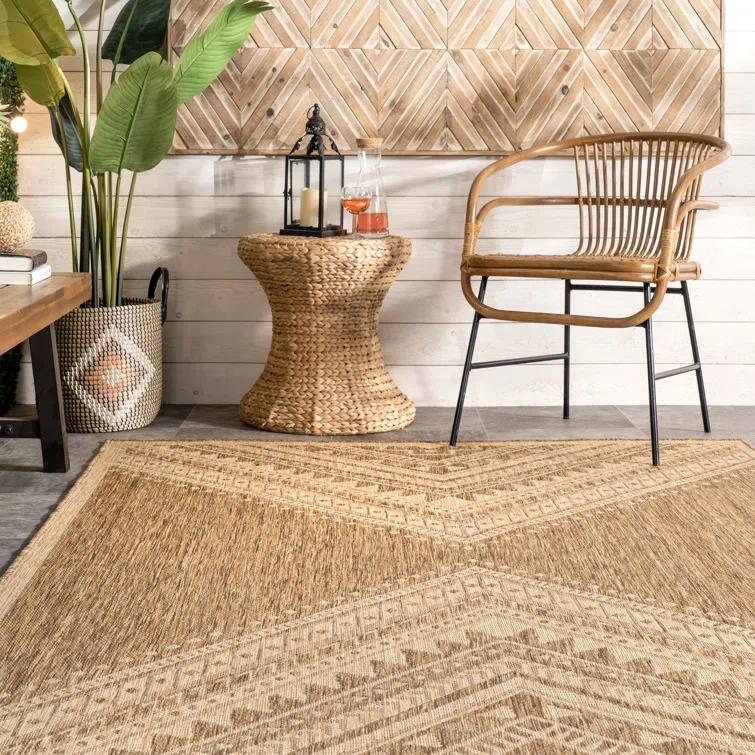 Steelside™ Zac Geometric Indoor/Outdoor Area Rug for Living Room Patio Deck Front Porch Kitchen, Brown/Ivory