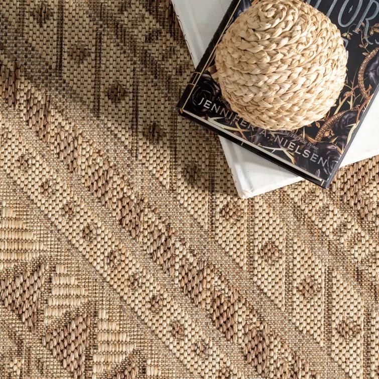 Steelside™ Zac Geometric Indoor/Outdoor Area Rug for Living Room Patio Deck Front Porch Kitchen, Brown/Ivory