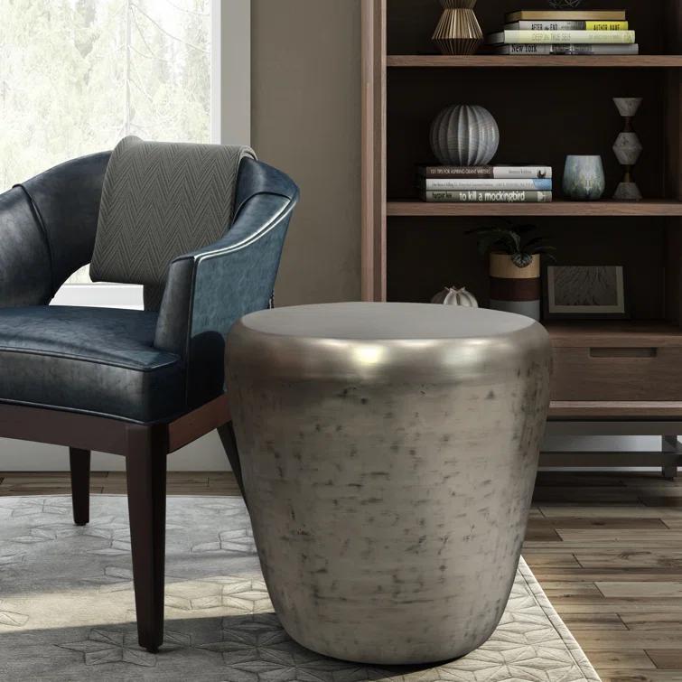 Garvy 20"W Metal Industrial End Table with Drum Design, Assembled