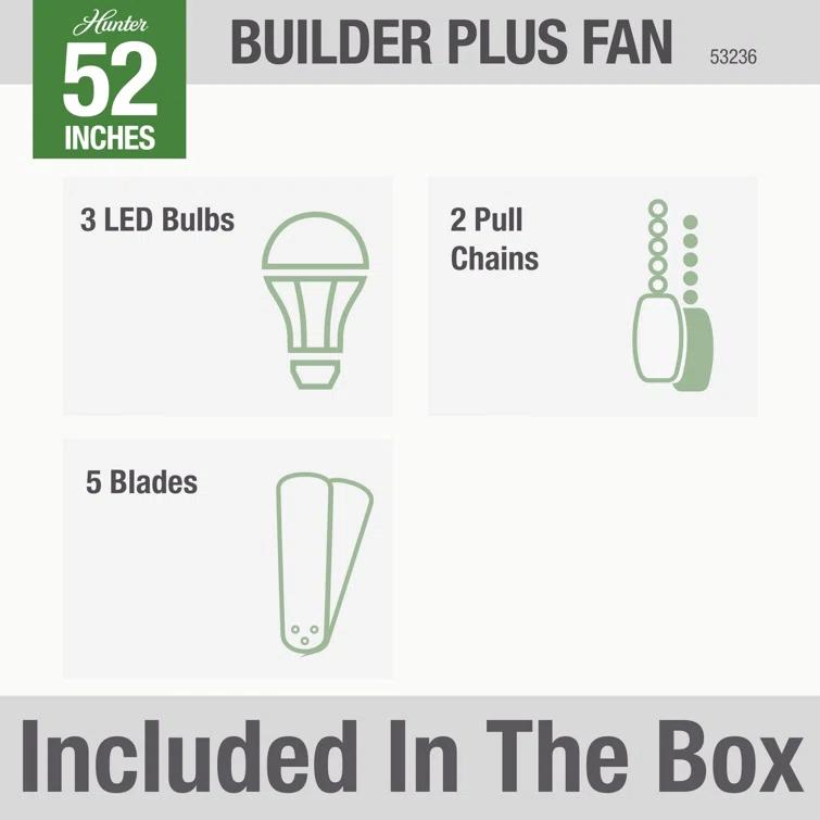 Builder Plus 52"5 - Blade Standard Ceiling Fan with Pull Chain and Light Kit Included