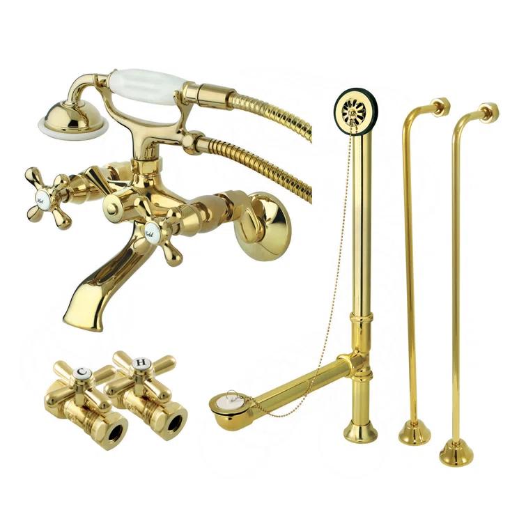 Kingston Brass Vintage Two-Handle 2-Hole Tub Wall Mount Clawfoot Tub Faucet Package with Supply Line, Hand Shower and Tub Drain