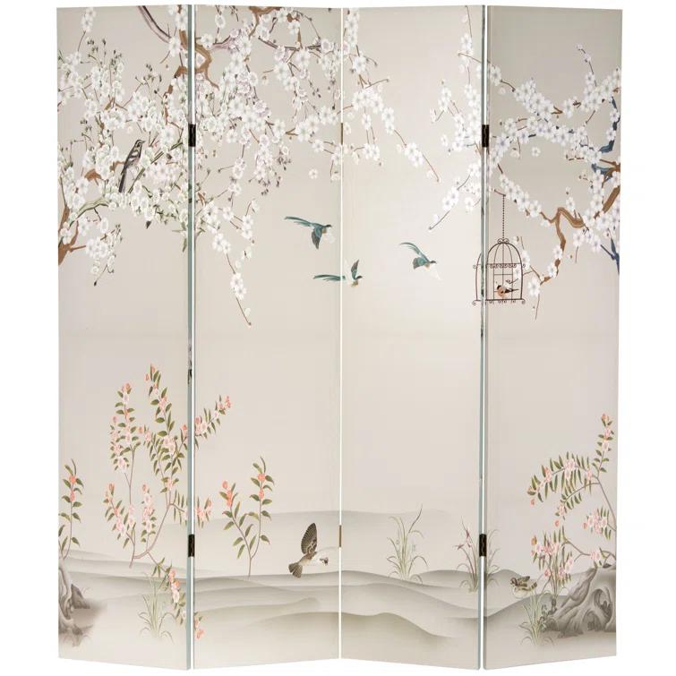 Oriental Furniture 6 Feet Tall Double Sided Birds and Plum Blossoms Canvas Room Divider