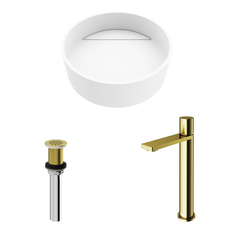 Montauk 15" L x 15" W x 5" H Round White Matte Stone™ Vessel Bathroom Sink with 12" H Faucet