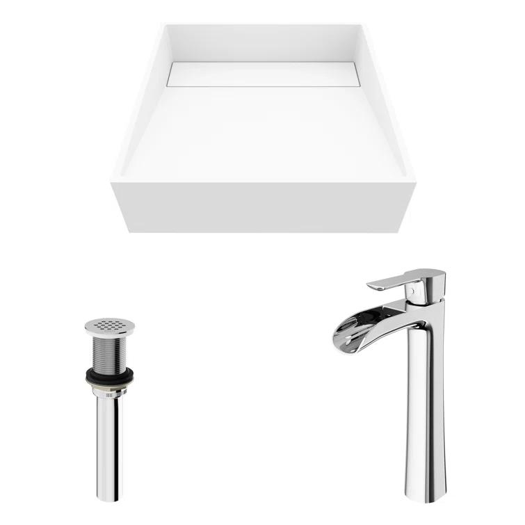 VIGO VGT2037 Starr 15" L x 15" W x 5" H Square White Matte Stone™ Vessel Bathroom Sink with 11" H Faucet