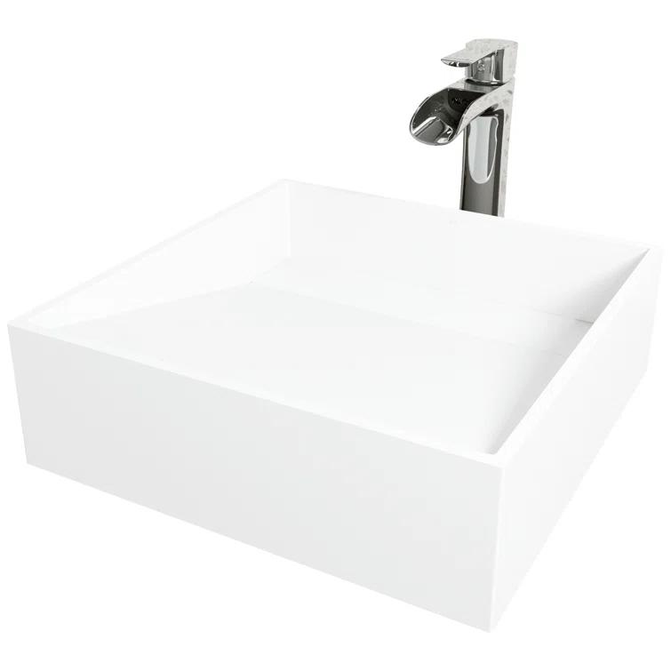 VIGO VGT2037 Starr 15" L x 15" W x 5" H Square White Matte Stone™ Vessel Bathroom Sink with 11" H Faucet