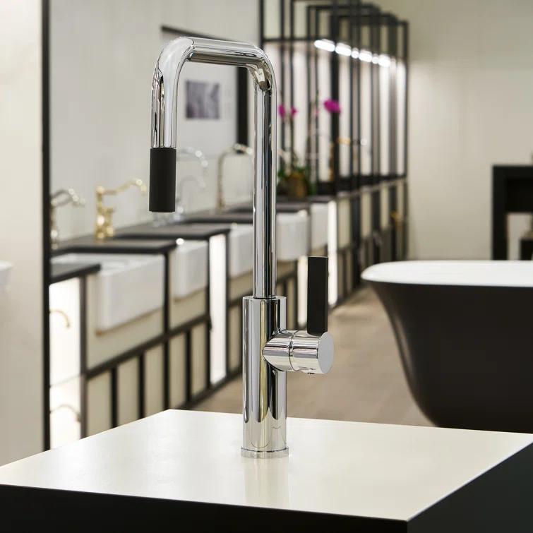Polished Chrome and Matte Black Transitional Kitchen Faucet with Pull-out Spray