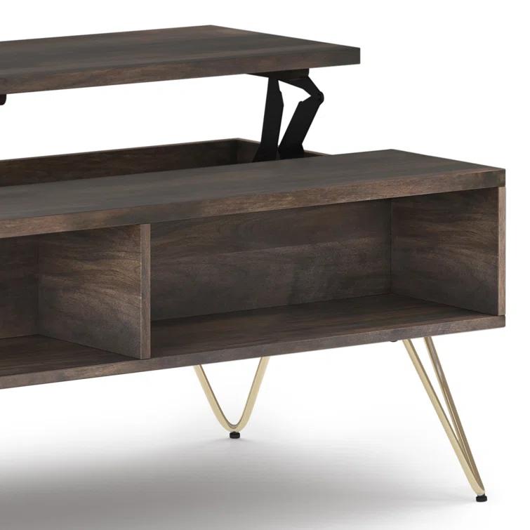 Hunter 48"W Solid Wood Industrial Lift Top Coffee Table with Hidden Storage and Metal Hairpin Legs