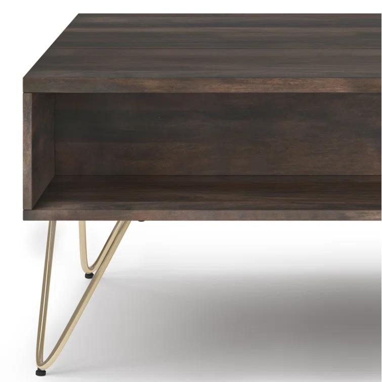 Hunter 48"W Solid Wood Industrial Lift Top Coffee Table with Hidden Storage and Metal Hairpin Legs