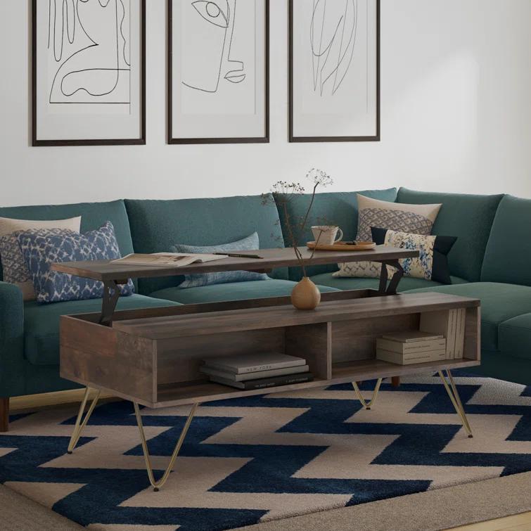 Hunter 48"W Solid Wood Industrial Lift Top Coffee Table with Hidden Storage and Metal Hairpin Legs