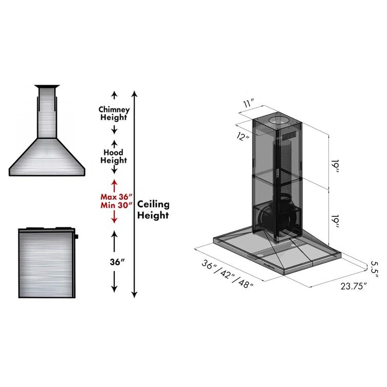 36 in. Convertible Vent Isl& Mount Range Hood in Stainless Steel (GL2i-36)
