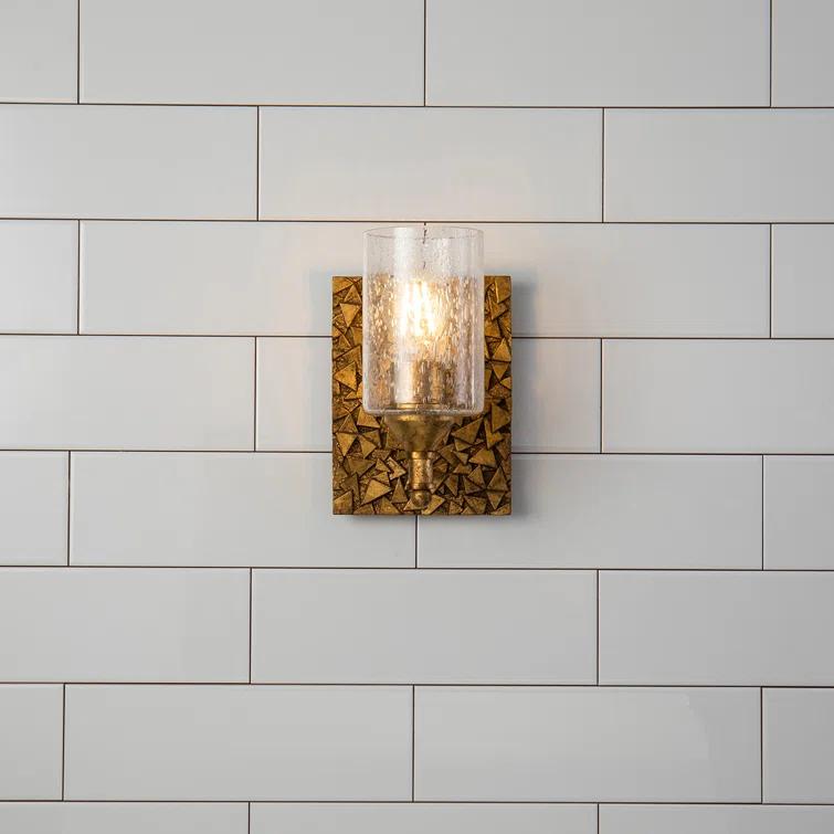 Antique Gold Curved Arm Sconce with Clear Bubble Glass
