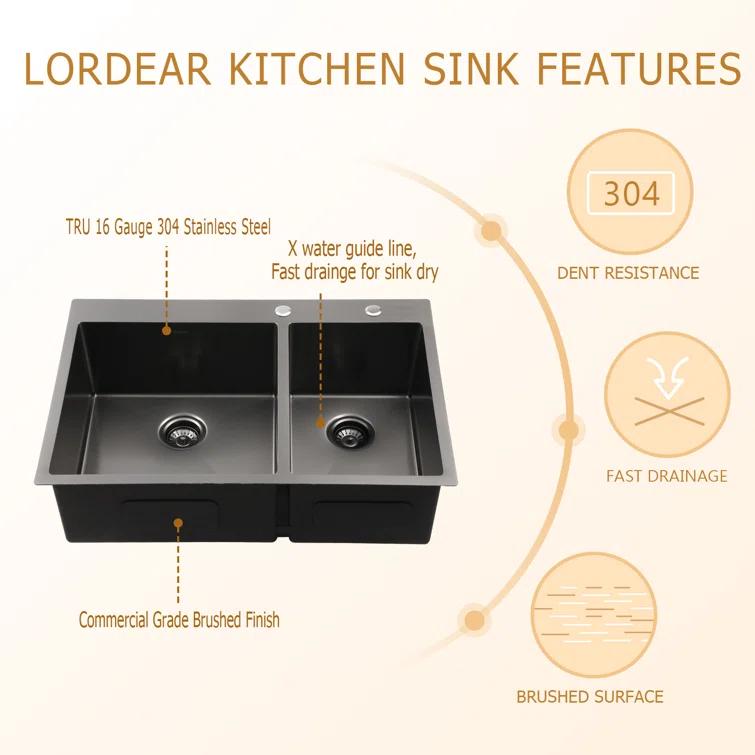 33" L x 22" W Drop-in Double Bowl 60/40 Sink 16 Gauge Stainless Steel Kitchen Sink Topmount Sink