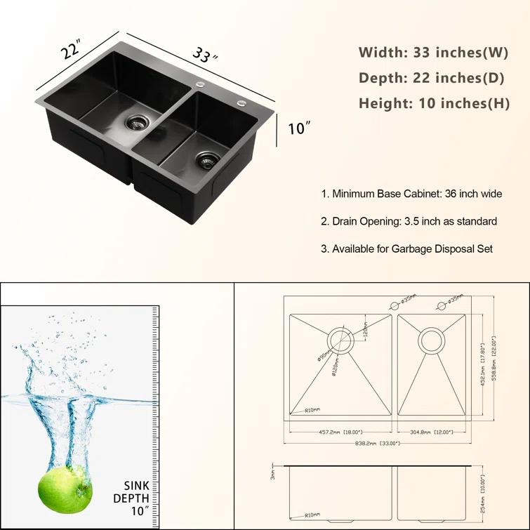 33" L x 22" W Drop-in Double Bowl 60/40 Sink 16 Gauge Stainless Steel Kitchen Sink Topmount Sink
