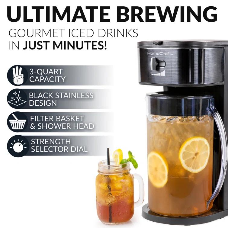 HomeCraft HCIT3BS 3-Quart Black Stainless Steel Café' Ice Iced Coffee and Tea Brewing System