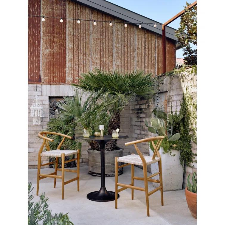 Natural Teak Wishbone-Style Counter Stool with Woven Seat