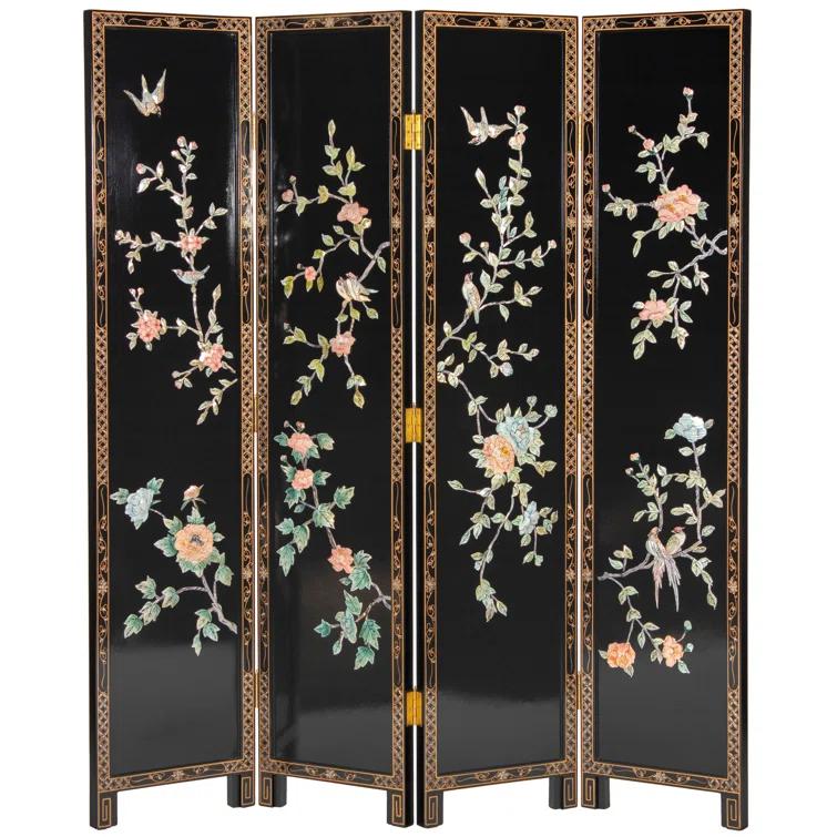 Oriental Furniture 6 ft. Tall Lacquer Birds and Flowers Room Divider - 4 Panel