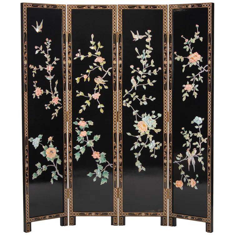 Oriental Furniture 6 ft. Tall Lacquer Birds and Flowers Room Divider - 4 Panel