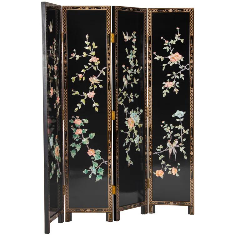 Oriental Furniture 6 ft. Tall Lacquer Birds and Flowers Room Divider - 4 Panel