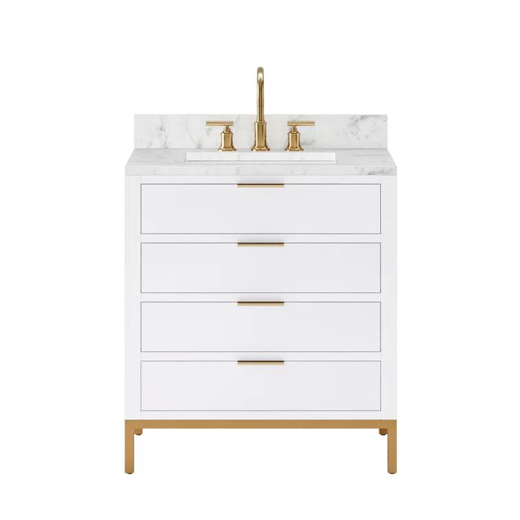 Water Creation Bristol 30" Wood Single Bathroom Vanity in Pure White and Gold