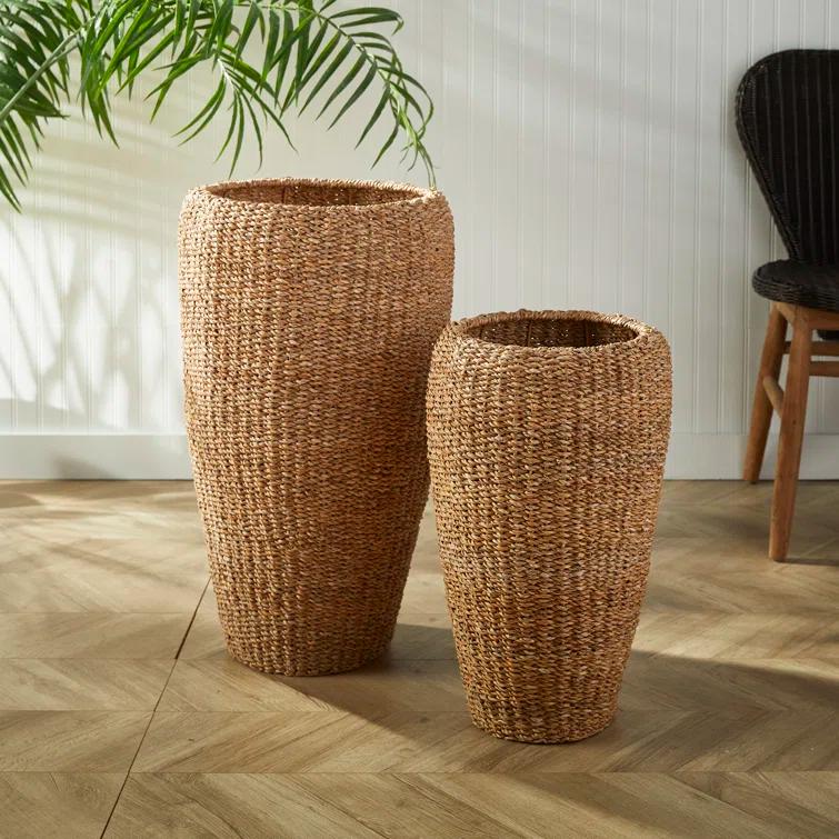 Plum & Post Seagrass Tall Round Planters, Set Of 2