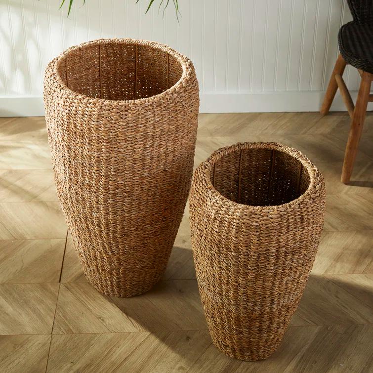 Plum & Post Seagrass Tall Round Planters, Set Of 2