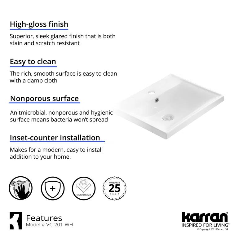 Karran Valera 20 In. Top Mount Vitreous China Rectangular Bathroom Sink With Overflow Drain
