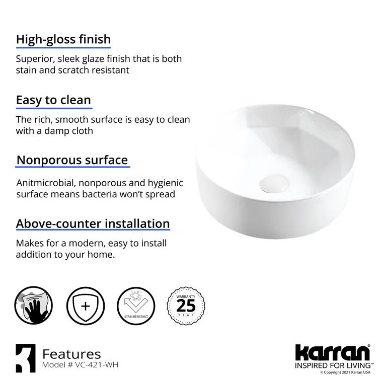 Karran VC-421-WH Karran Valera 16 In. Vitreous China Round Vessel Bathroom Sink