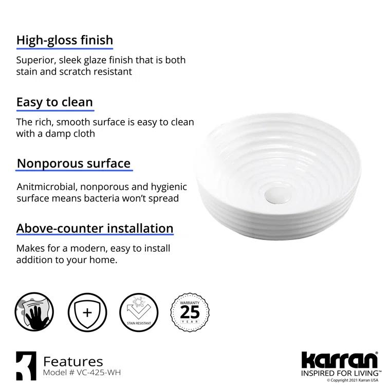 Karran Valera 16 In. Vitreous China Round Vessel Bathroom Sink