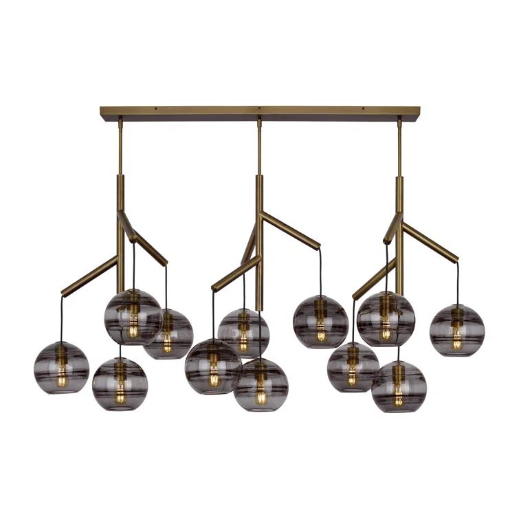 Aged Brass 12-Light Chandelier with Smoke Glass Shades
