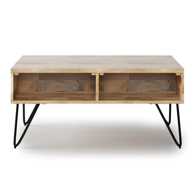 Hunter Solid Wood Industrial Small Lift Top Coffee Table with Hidden Storage and Metal Hairpin Legs.