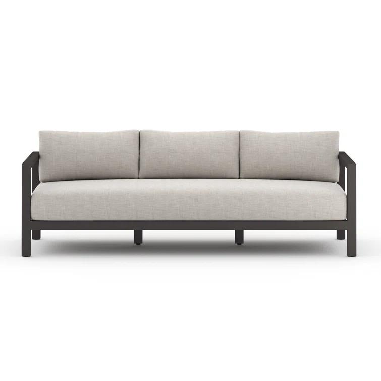 Contemporary Bronze-Finished Teak 87'' Three-Seater Sofa in Stone Grey