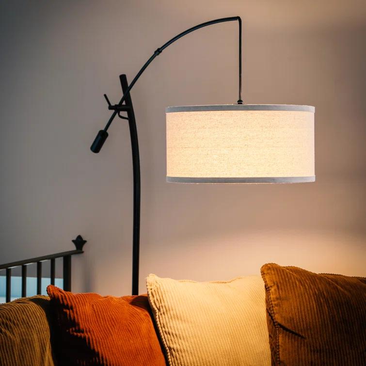 Brightech Grayson 84 in. Mid-Century Modern Height-Adjustable LED Arched Floor Lamp with Beige Fabric Drum Shade