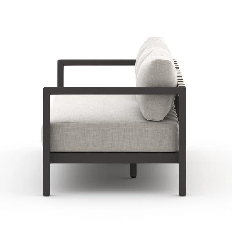 Contemporary Bronze-Finished Teak 87'' Three-Seater Sofa in Stone Grey