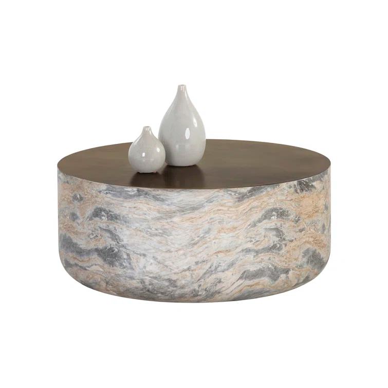 Round Brown and Gold Marble Outdoor Coffee Table