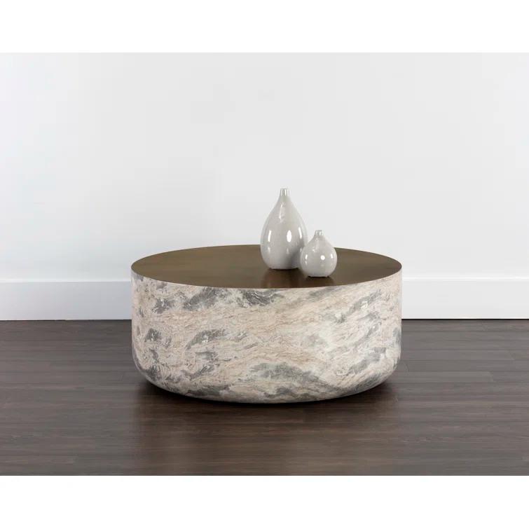 Round Brown and Gold Marble Outdoor Coffee Table