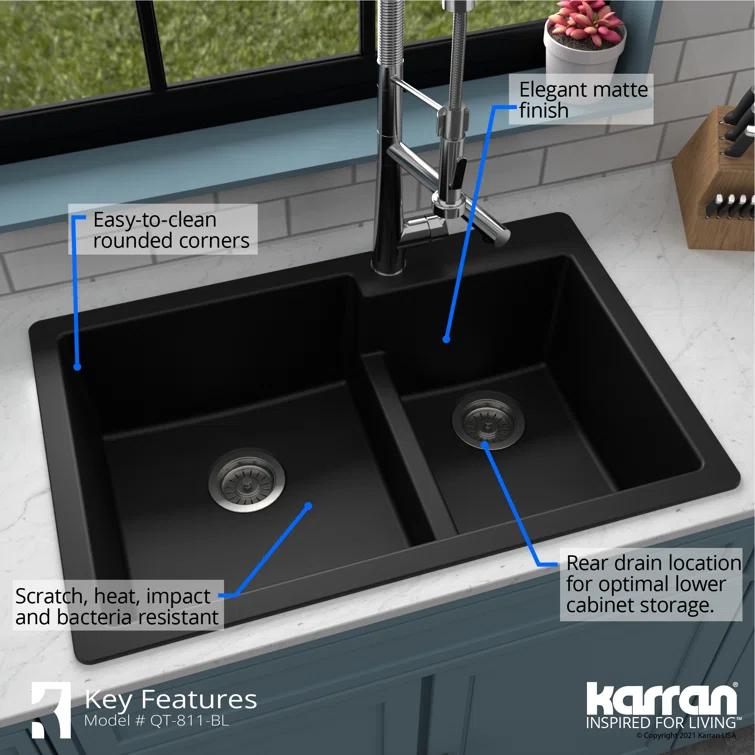 Karran Quartz 33'' X 22'' 60/40 Double Bowl Drop-in Kitchen Sink