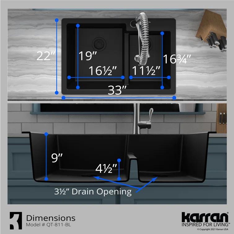 Karran Quartz 33'' X 22'' 60/40 Double Bowl Drop-in Kitchen Sink