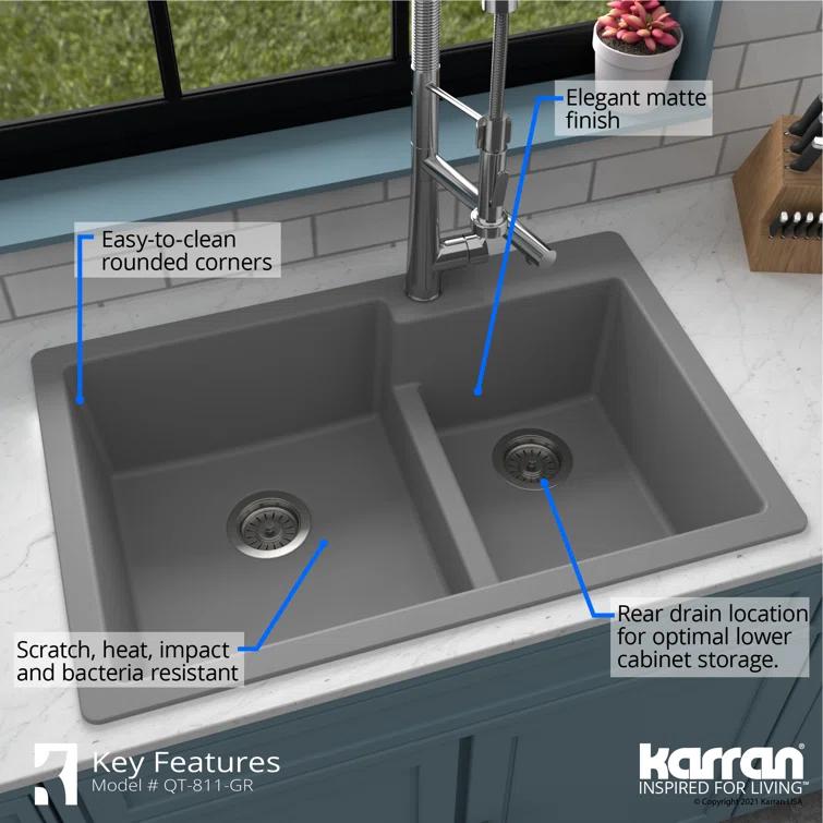 Karran Quartz 33'' X 22'' 60/40 Double Bowl Drop-in Kitchen Sink