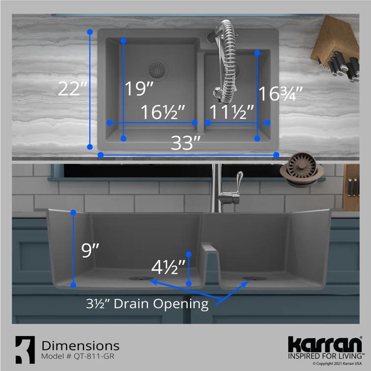 Karran Quartz 33'' X 22'' 60/40 Double Bowl Drop-in Kitchen Sink