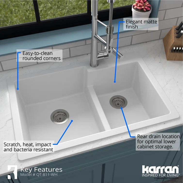Karran Quartz 33'' X 22'' 60/40 Double Bowl Drop-in Kitchen Sink