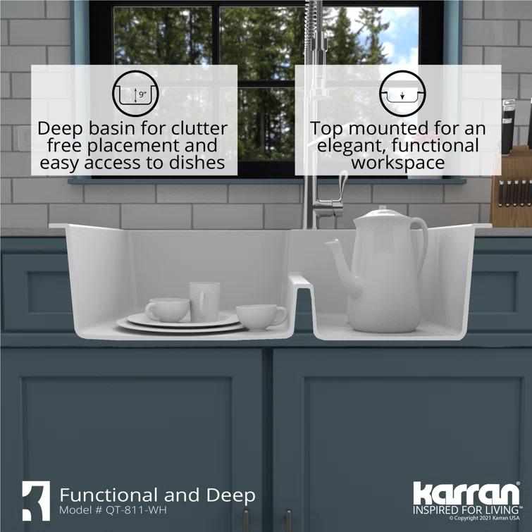 Karran Quartz 33'' X 22'' 60/40 Double Bowl Drop-in Kitchen Sink