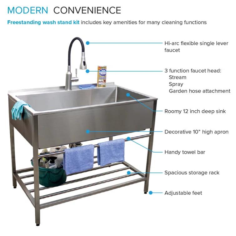 TFH-3622-SS 36'' L x 22'' W Free Standing Laundry Sink with Faucet